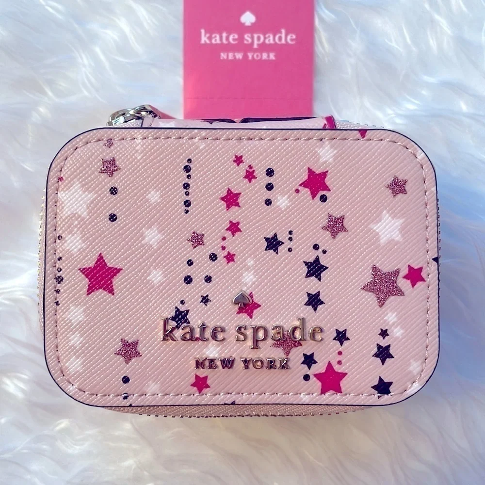 Brand New Kate Spade Genuine Leather Pink Stars Zippered Travel Jewelry Box